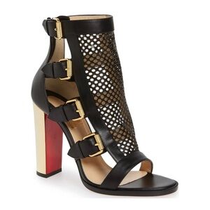 Christian Louboutin Fencing 100 Leather Gladiator Buckle Block Heel Bootie Black
